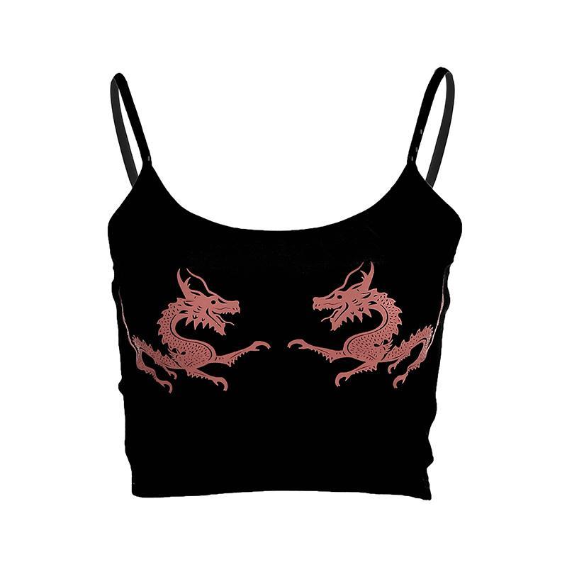 itGirl Shop | RED CHINESE DRAGONS PRINT SLEEVELESS BLACK CROP TOP