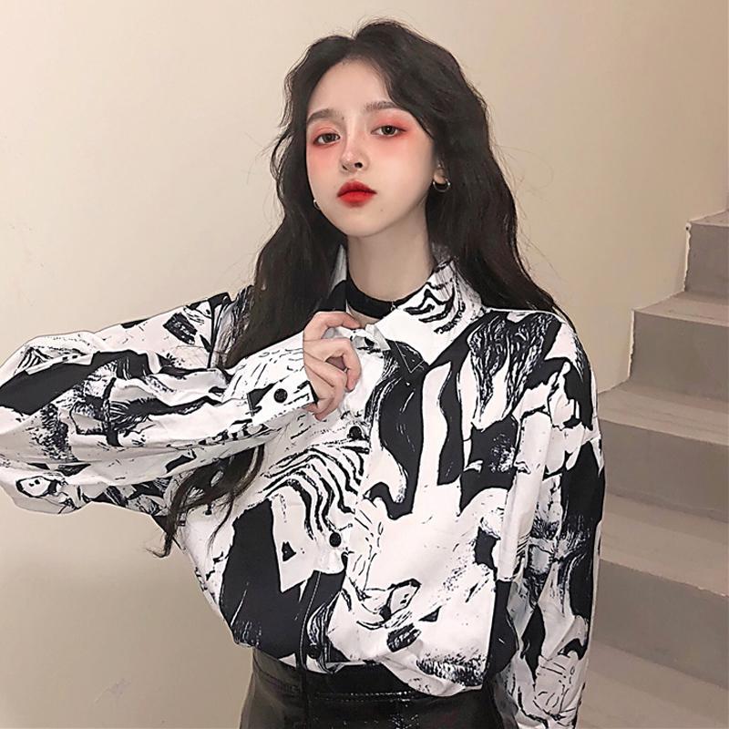 Itgirl Shop Aesthetic Clothing Retro Bw Print Long Sleeved Blouse 9338