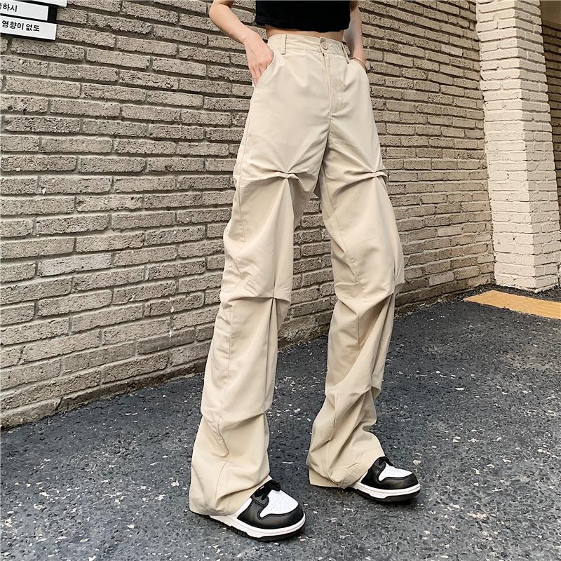 itGirl Shop | STREET FASHION PLEATED BEIGE CARGO BAGGY PANTS