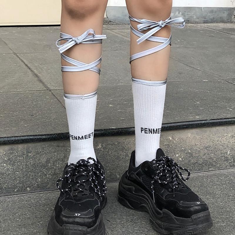Itgirl Shop White Tumblr Aesthetic Reflective Straps Tall Socks