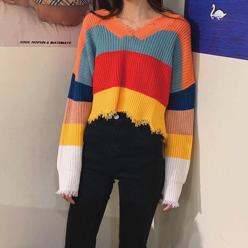 itGirl Shop - Aesthetic Clothing -Wide Rainbow Stripes Ulzzang Knit
