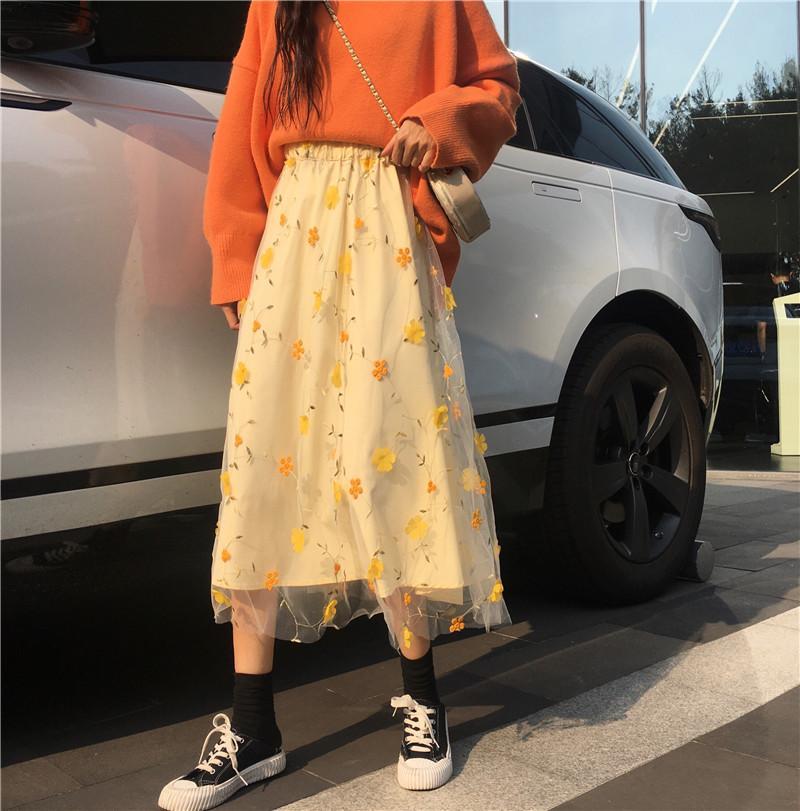 itGirl Shop | YELLOW SPRING FLOWERS PASTEL AESTHETIC MESH LONG SKIRT