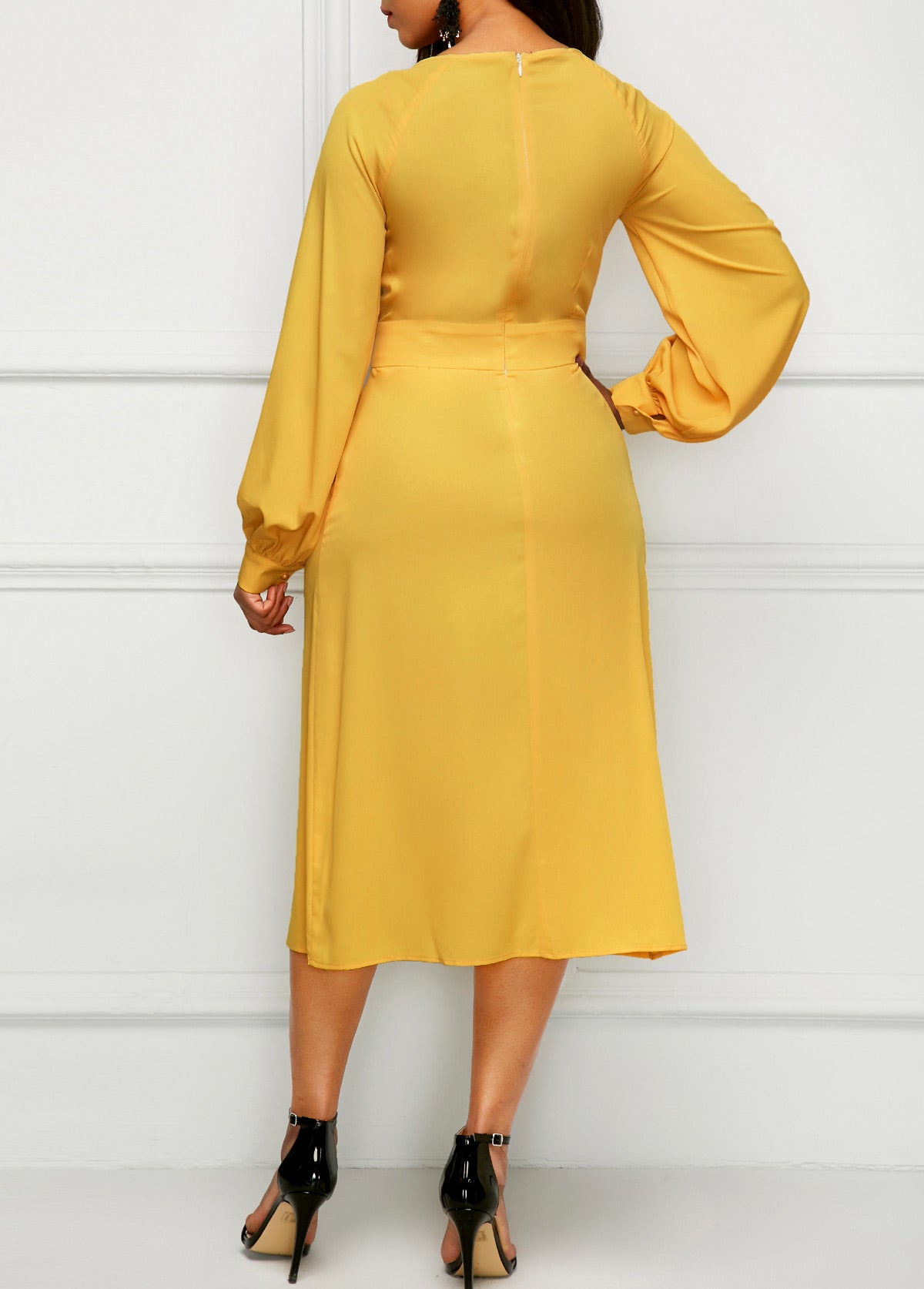 Band Waist Long Sleeve Yellow Dress – Owame