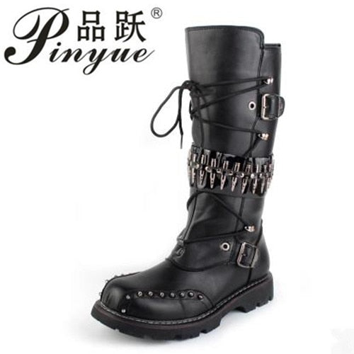 2018 Punk Over Knee High Boots Mens Military Boots Natural Cow
