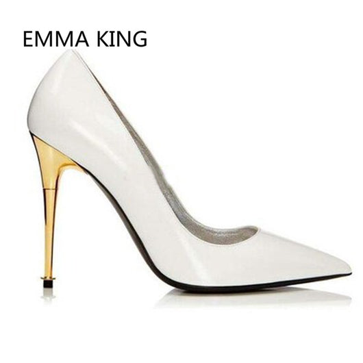 white pumps with gold heel