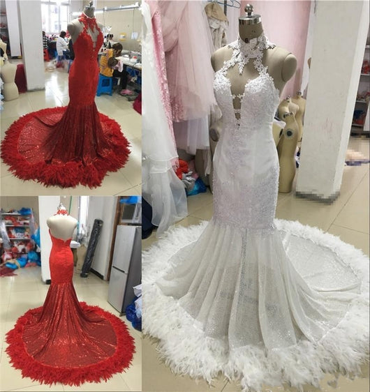 2019 Sexy Red Feather Mermaid Prom Dresses Halter Vintage Plus
