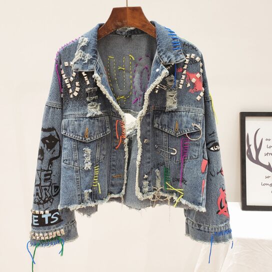 2019 Spring Autumn Women Street Fashion Graffiti Denim Jacket Female P ...