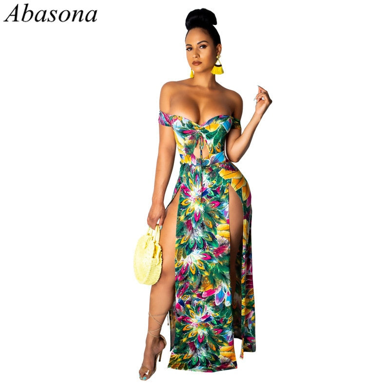 Abasona 2019 Women Summer Floral Print Sexy Long Beach Dress High Split Sides Strapless Club Evening Party Bodycon Dress