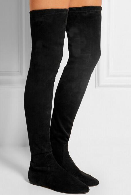 over the knee boots black suede flat