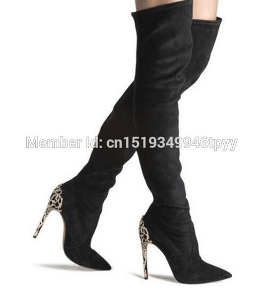 knee high boots with gold heel