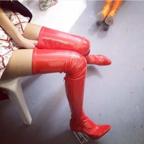 red patent leather over the knee boots