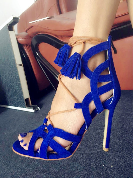 blue suede strappy heels