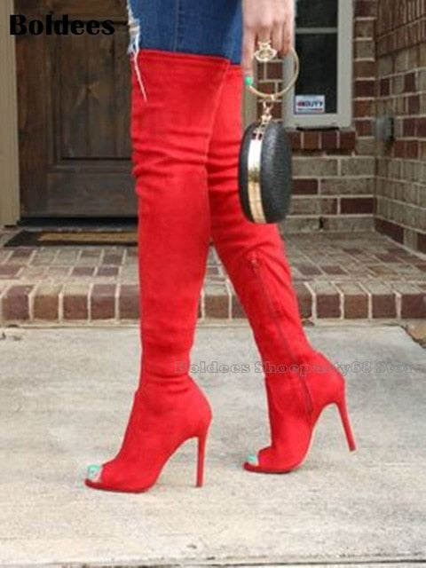 red suede over the knee boots