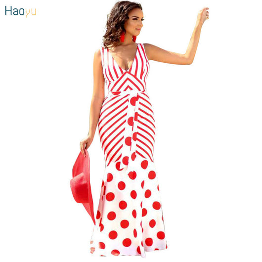 Haoyuan Red White Striped Sexy Party Dress For Women Deep V Neck