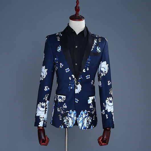 Wedding men blazer slim fit Tide Navy Blue Floral Print Fashion Casual ...