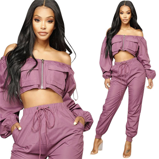 off shoulder sweat suit