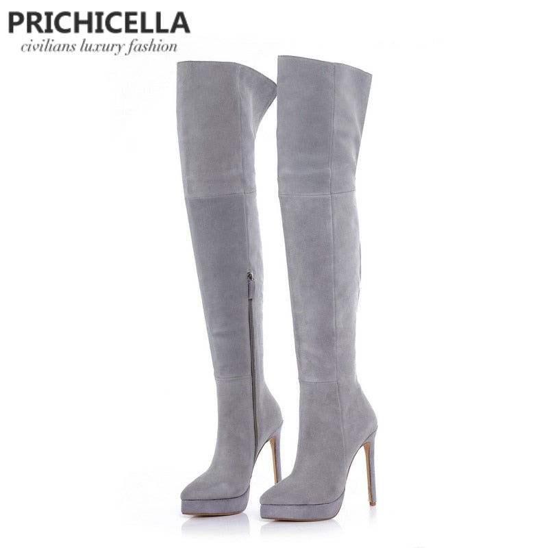 grey suede knee high heel boots