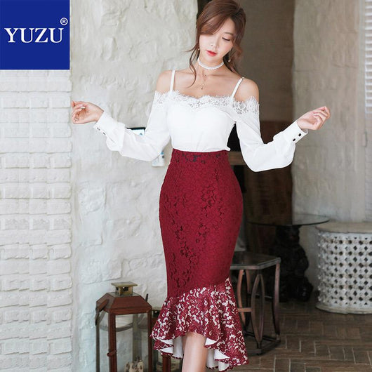 Women 2 Piece Set Spring White Top And Wine Red Mermaid Skirt Sexy