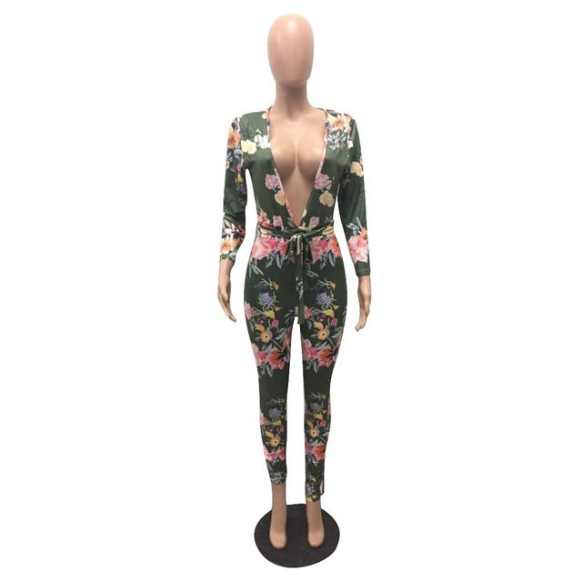 Deep V Neck Sashes Long Pant Rompers Autumn Women Full Sleeve Floral P ...