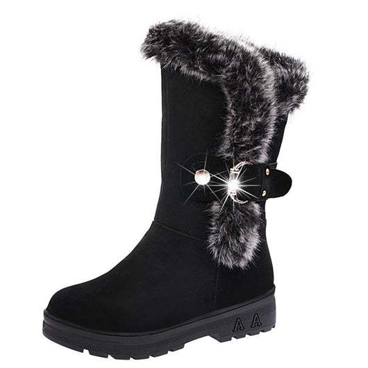 Women Boots Slip-On Soft Snow Boots Round Toe Flat Winter Fur Ankle Bo ...