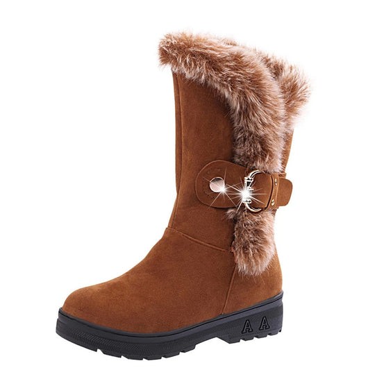 Women Boots Slip-On Soft Snow Boots Round Toe Flat Winter Fur Ankle Bo ...