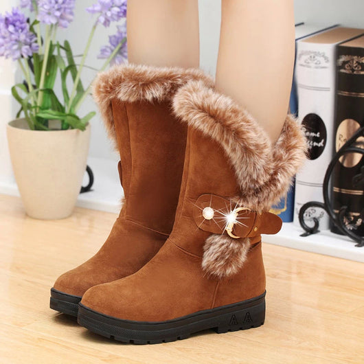 Women Boots Slip-On Soft Snow Boots Round Toe Flat Winter Fur Ankle Bo ...