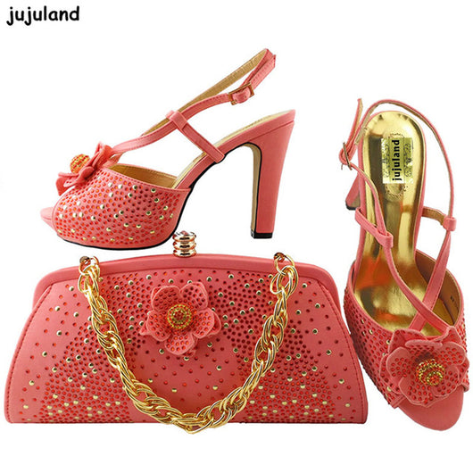 coral shoes and matching bag