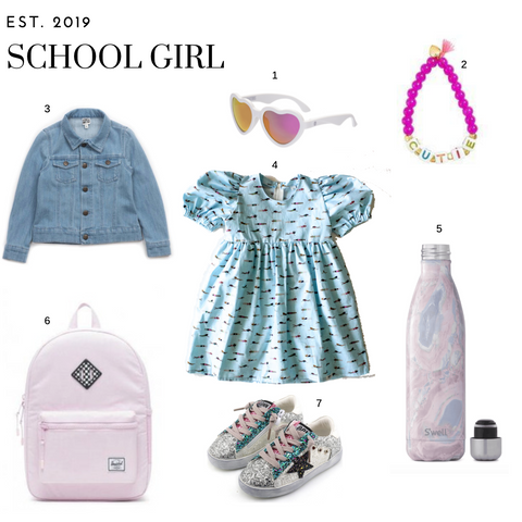 School girl outfit wit a puff sleeve dress, denim jacket, pink backpack, sequin sneakers, water bottle, heart sunglasses and a pink beaded bracelet