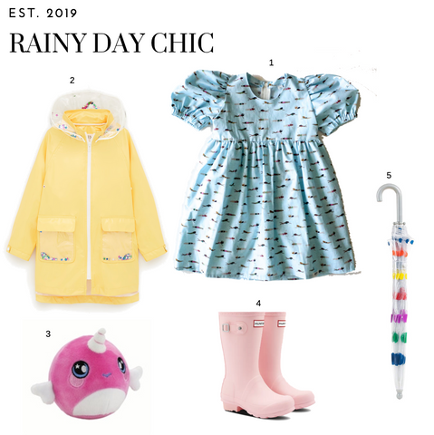 Rainy Day outfit with worthy threads blue puff sleeve dress, yellow raincoat, pink rain boots, an umbrella and a squeezimal