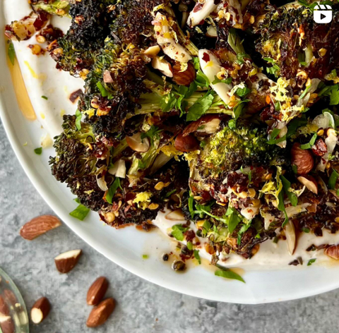 CRISP ROASTED BROCCOLI WITH SIZZLING GARLIC-CHILI OIL AND SPICED YOGURT