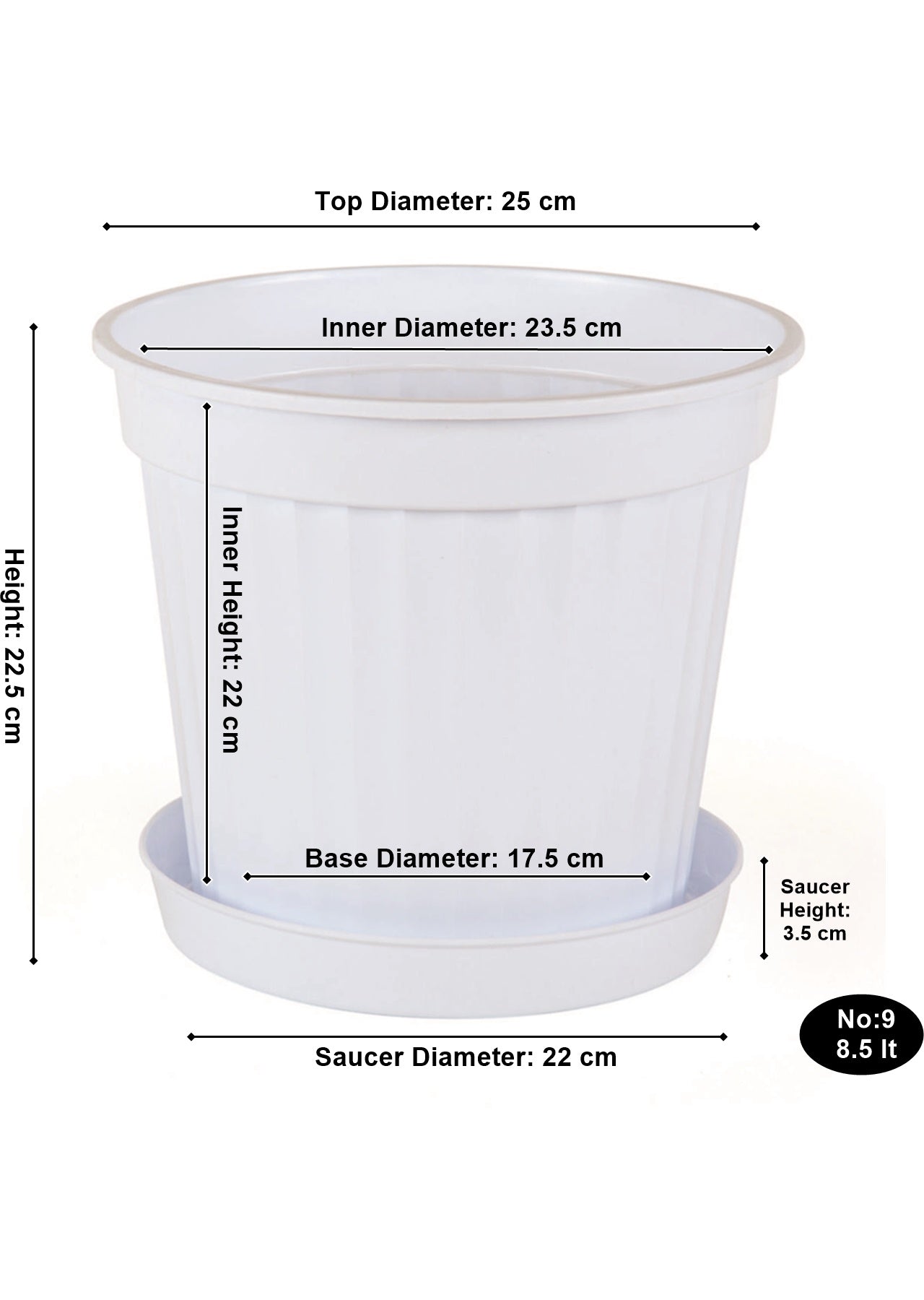 Round Flower Plant Pot and Saucer. Garden Planters. (8.5 L)