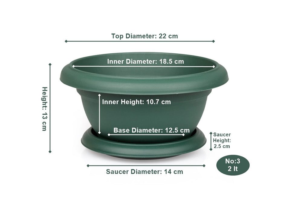 Small Flower Plant Flat Pot and Saucer. Round Flat Pot Planter. (2L)