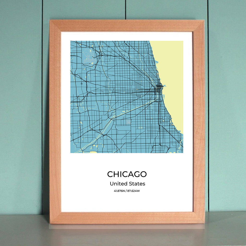 Chicago City Map Wall Art Poster With Wooden Frame