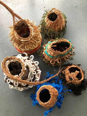 Creels, Willow, seaweed, ropes, ribbons, yarns, various sizes, Cove Park residency, 2021