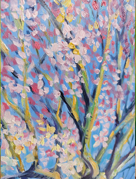Ellie Jakeman 'Blossom Tree' Oil on wooden Panel. 30cm x 42 cm - Close up