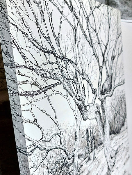 Ellie Jakeman 'Winter tree study' Fine liner and acrylic ink on ARTdiscount wooden panel board, 30cm x 42cm. (close up, side view)