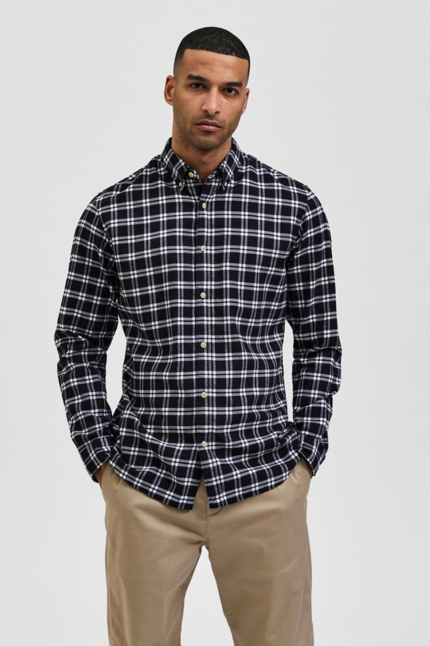 Selected Homme Camisa Hombre Flannel Cuadros Negra