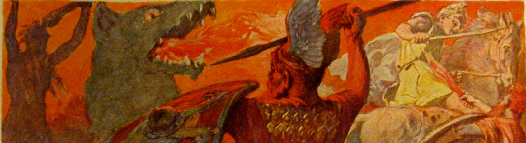 Odin and Fenrir, Freyr and Surt (depiction by Emil Doepler, 1905)