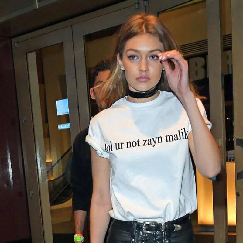 Print Letters Gigi Hadid Style White Round Neck Side Slit Tshirt Simple Casual Fashion Woman Celebrity Basic Tee