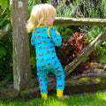 Colourful Baby and Kids dungarees with rainbow ants on blue Coddi and Womple