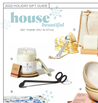 An image capture of page 52 of December 2022 Denver Life Magazine featuring home goods, including the Old Pine Classic Gift Set, for their holiday gift guide.