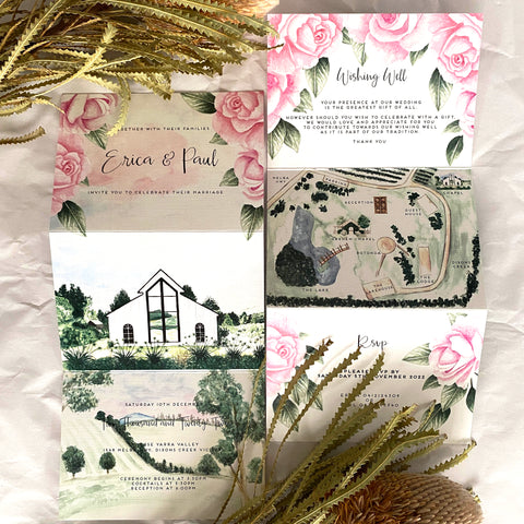 Custom wedding invitations. Detailed hand painted watercolour venues, and scenery with pink roses