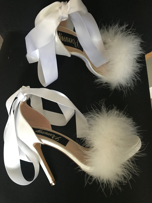 white heels with ribbon
