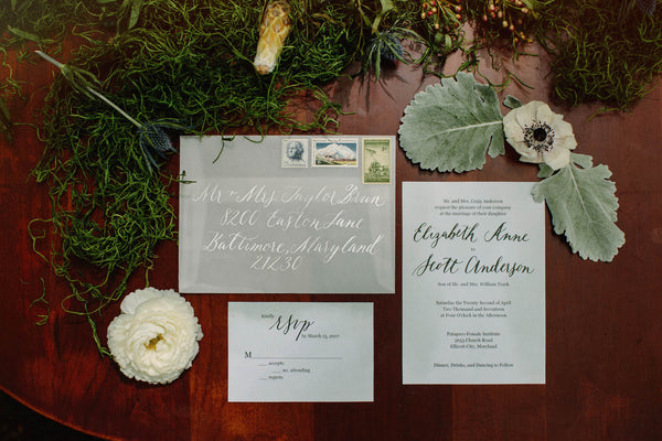 An invitation suite with an anemone and dusty miller 