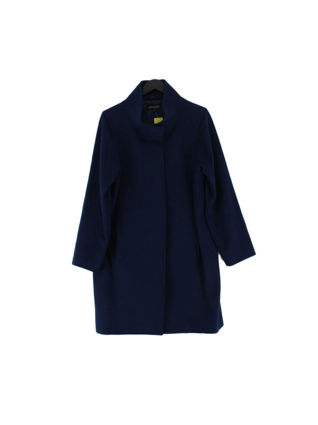 Jaeger Women's Coat UK 12 Blue Wool with Linen, Polyester