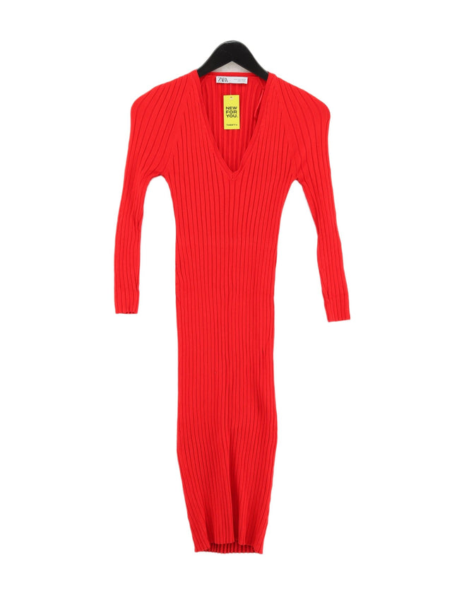Zara Women's Midi Dress S Red Viscose with Nylon, Polyester