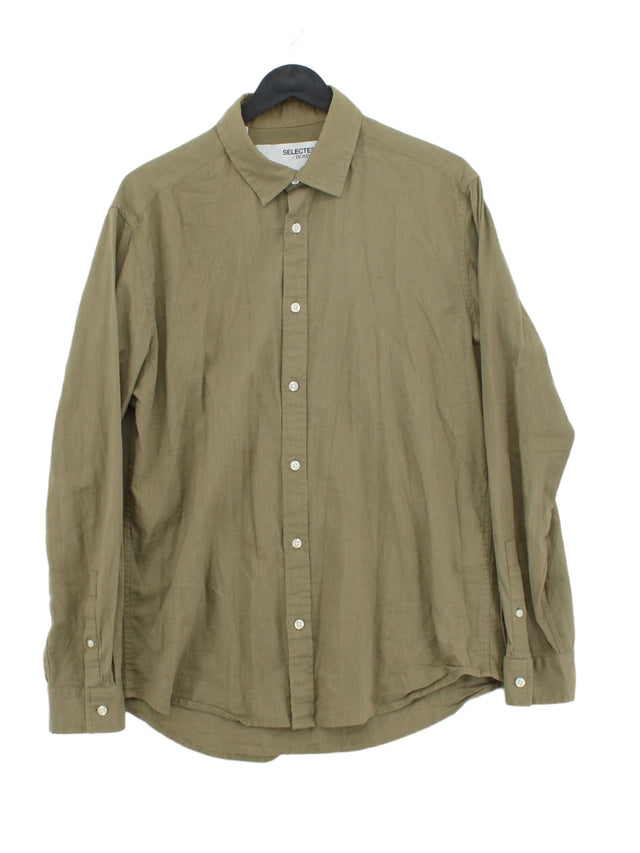 Selected Homme Men's Shirt M Green Cotton with Linen