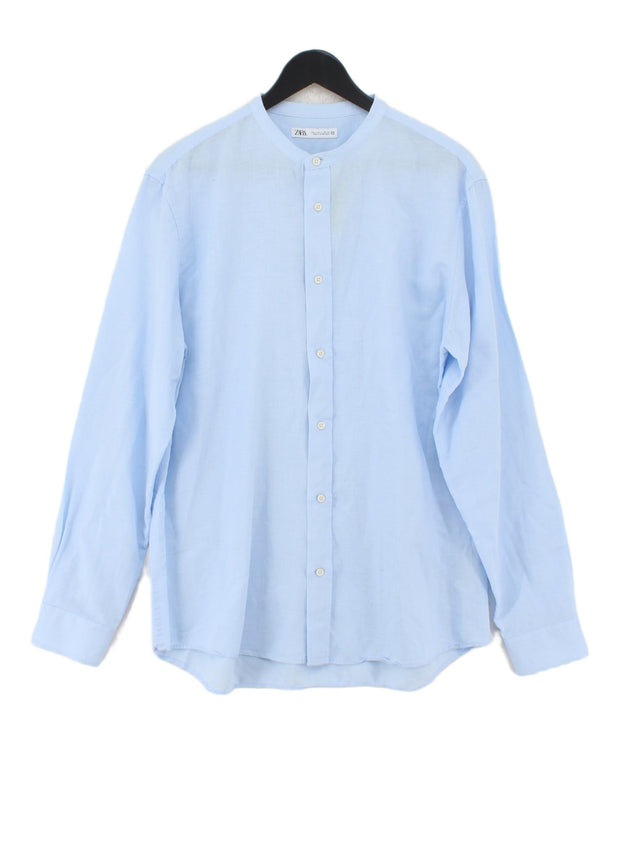 Zara Men's Shirt L Blue Linen with Cotton