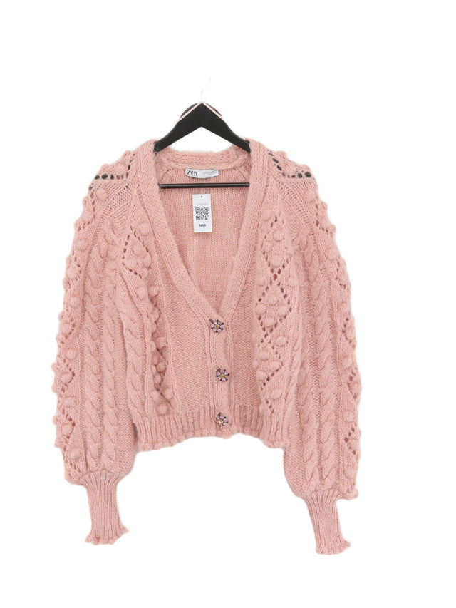 Zara Women's Cardigan M Pink Polyester with Other, Wool