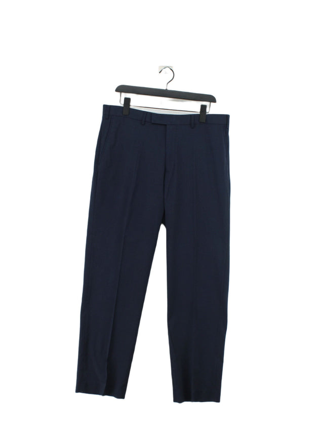 Moss Men's Suit Trousers W 36 in Blue Polyester with Elastane, Viscose